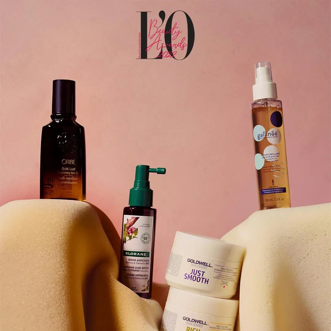 Winning haircare products displayed for L'Officiel Singapore Beauty Awards 2022