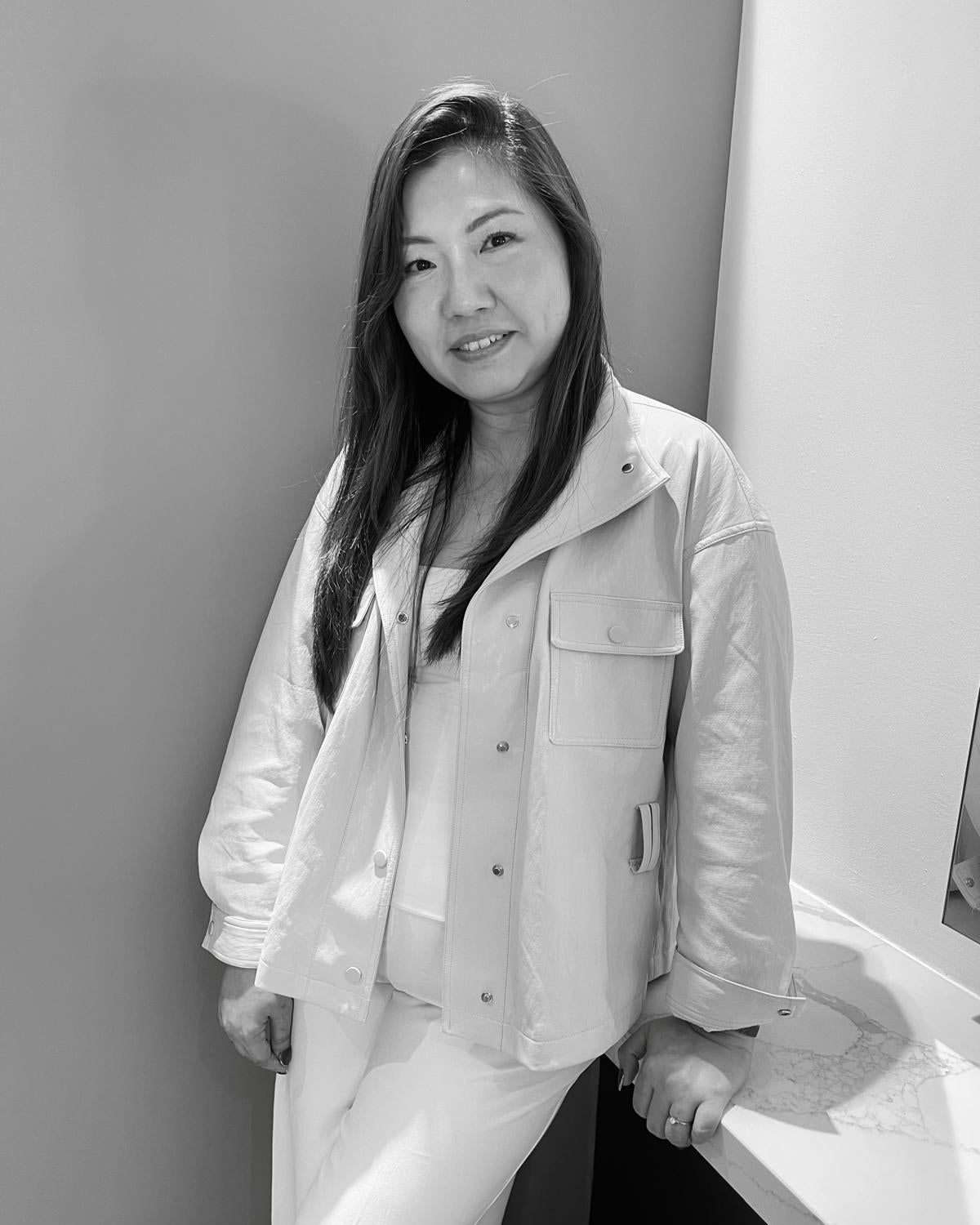 Winnie Nail Artist black and white portrait at Yann Beyrie salon Singapore