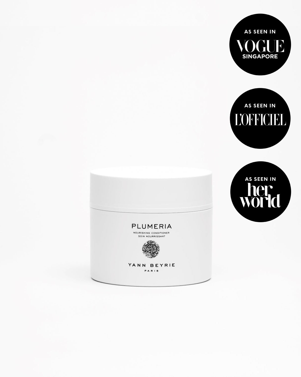 Yann Beyrie Paris Plumeria nourishing conditioner jar featured in Vogue Singapore, L'Officiel, and Her World