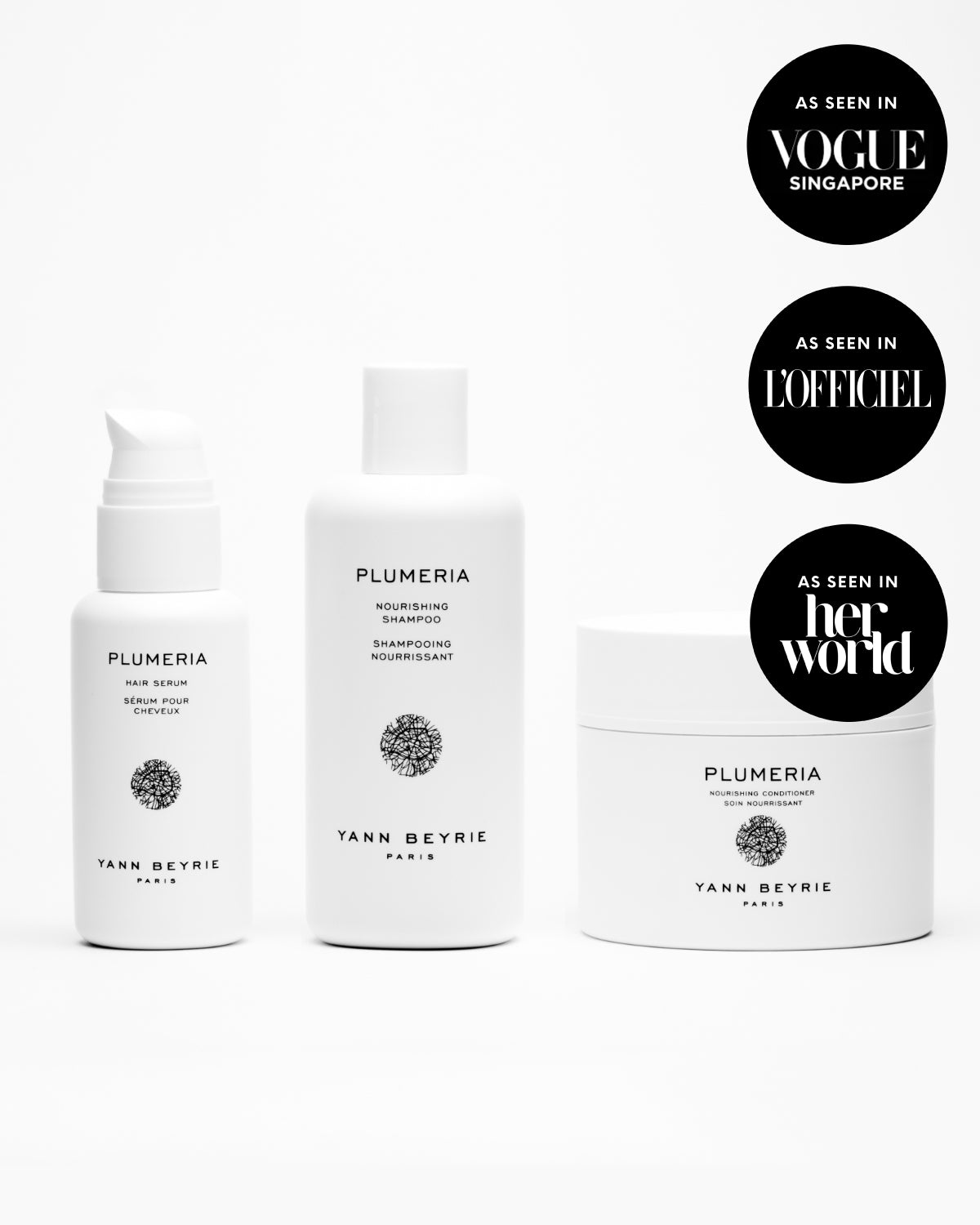 Yann Beyrie Paris Plumeria nourishing haircare bundle including serum, shampoo, and conditioner featured in Vogue Singapore, L'Officiel, and Her World