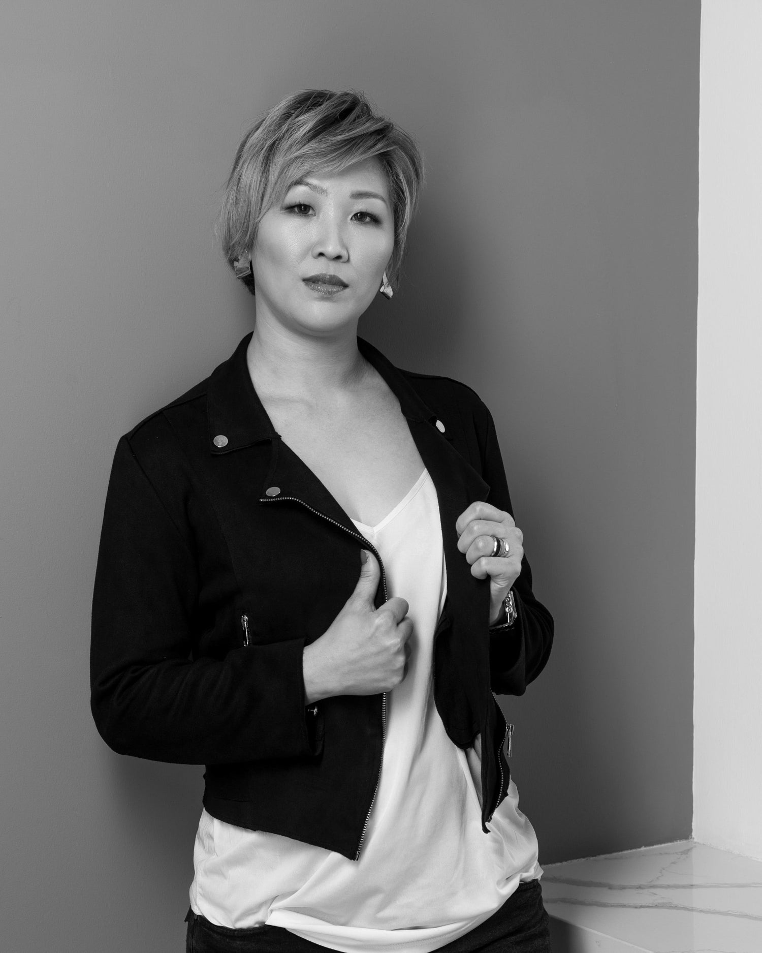 Connie Senior Designer black and white portrait at Yann Beyrie hair salon Singapore