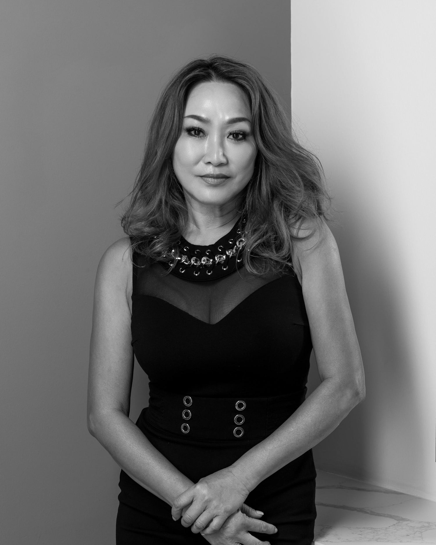 Jess Master Designer black and white portrait at Yann Beyrie hair salon Singapore