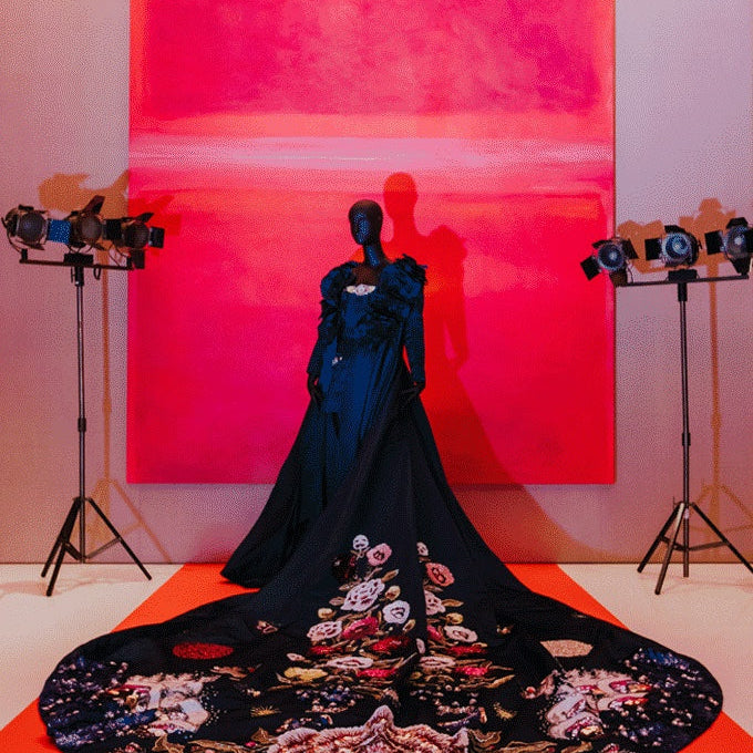 Haute couture embroidered dress displayed at Next In Vogue 2023 landmark event
