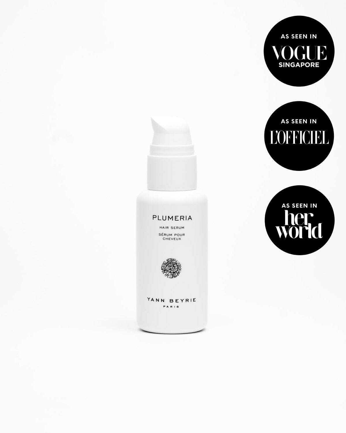 Yann Beyrie Paris Plumeria nourishing hair serum bottle featured in Vogue Singapore, L'Officiel, and Her World