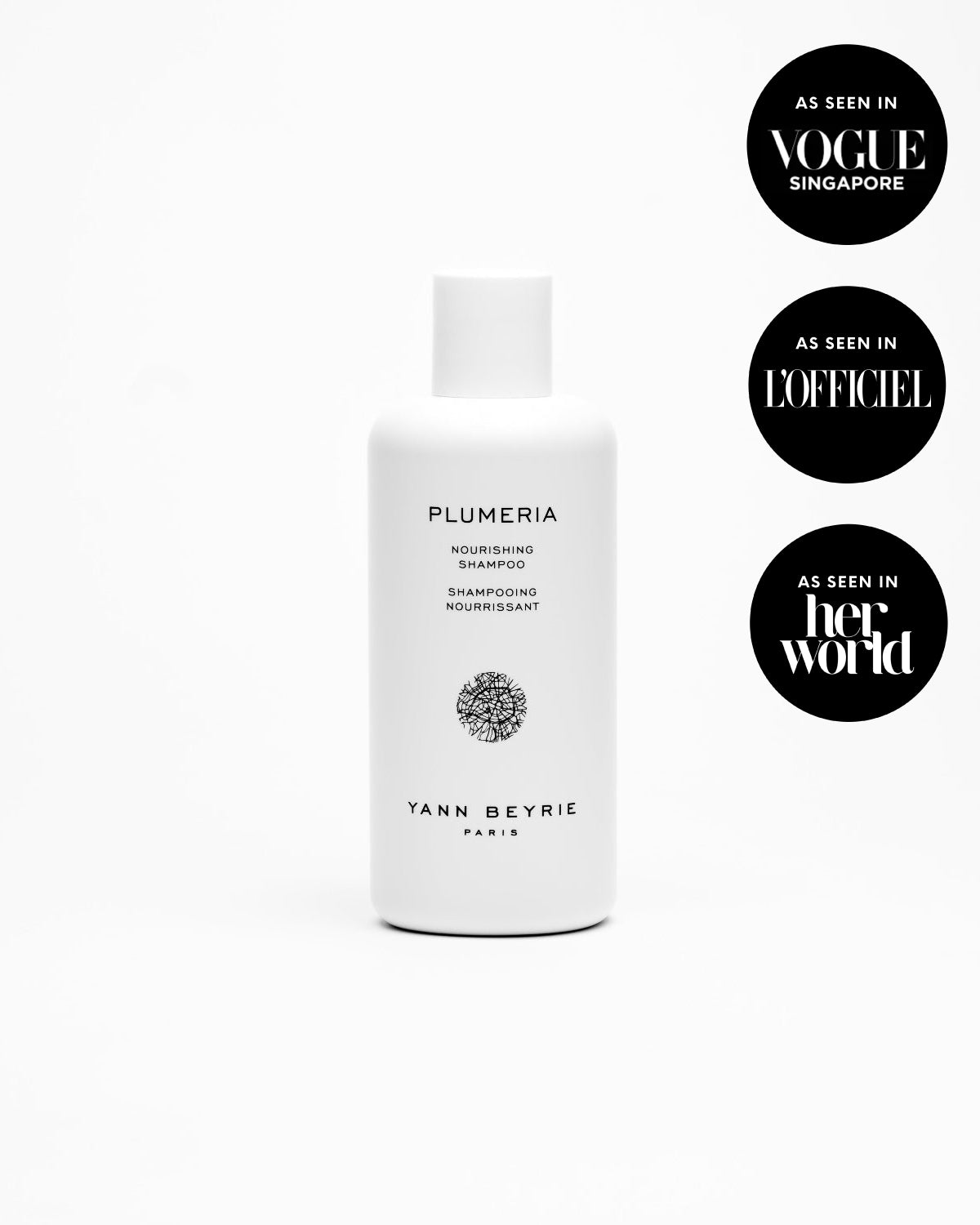 Yann Beyrie Paris Plumeria nourishing shampoo bottle featured in Vogue Singapore, L'Officiel, and Her World